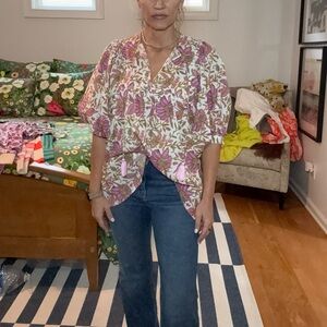 Mille Thalia  Floral V-Neck Blouse - Purple and Green